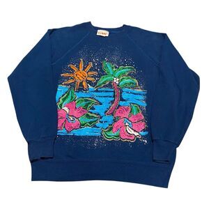Vintage Women’s Art Beach Nature Crewneck Sweatshirt Blue USA Made 90s Sweater L